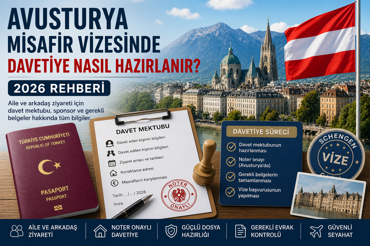 Avusturya misafir vizesinde davetiye nereden yapılır? 2026 rehberimizde davet mektubu, EVE sistemi, ID numarası ve gerekli belgeleri anlatıyoruz.